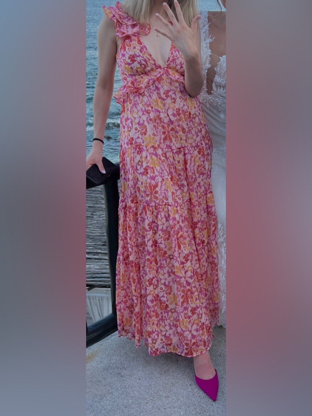 Aqua Pink and Orange Floral Maxi Dress